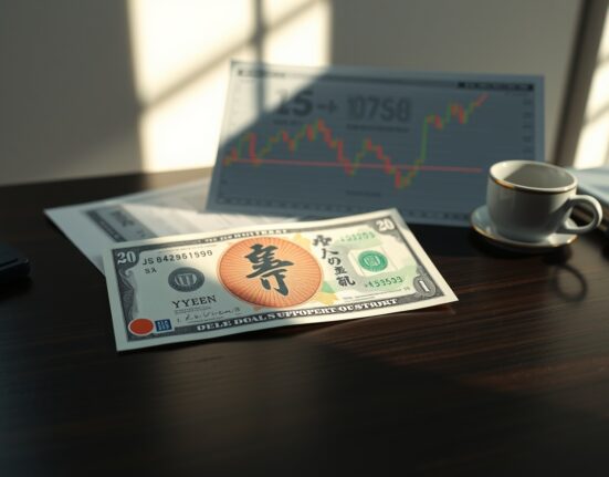 USD/JPY Price Forecast chart showing yen and dollar banknotes with candlestick pattern approaching 100-hour EMA support