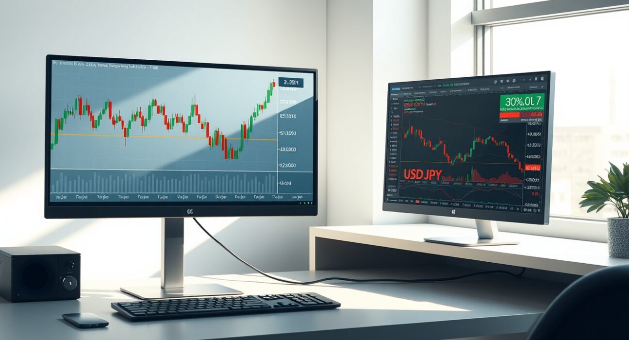 USD/JPY technical analysis showing 20-day exponential moving average supporting bullish price forecast on trading desk monitors