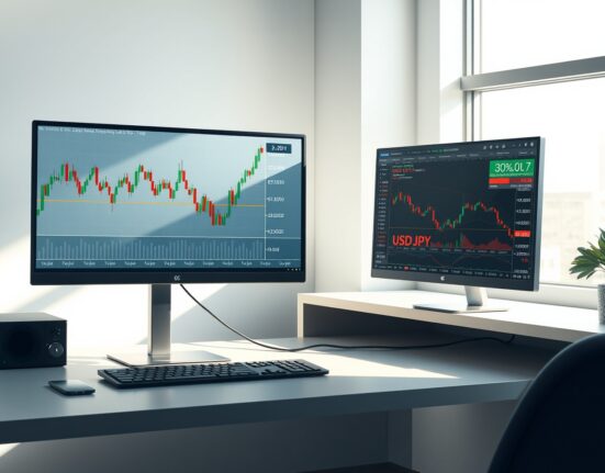 USD/JPY technical analysis showing 20-day exponential moving average supporting bullish price forecast on trading desk monitors