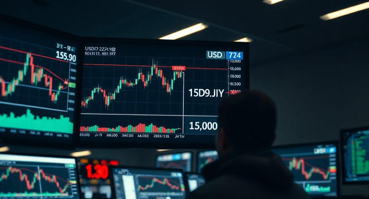 USD/JPY forex chart showing resistance near 159.00 level on trading desk monitors