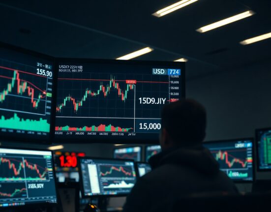 USD/JPY forex chart showing resistance near 159.00 level on trading desk monitors