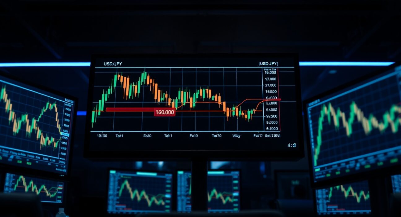 Financial trading monitors displaying USD/JPY charts near the 160.00 level with traders analyzing forex market movements.