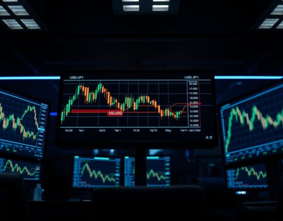 Financial trading monitors displaying USD/JPY charts near the 160.00 level with traders analyzing forex market movements.