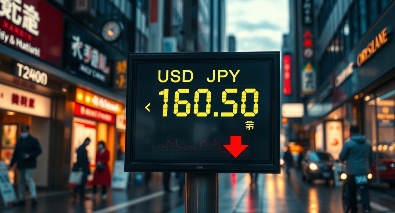 Currency exchange board showing USD/JPY at 160.50 in Tokyo financial district