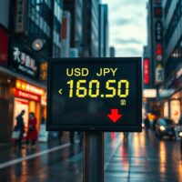 Currency exchange board showing USD/JPY at 160.50 in Tokyo financial district