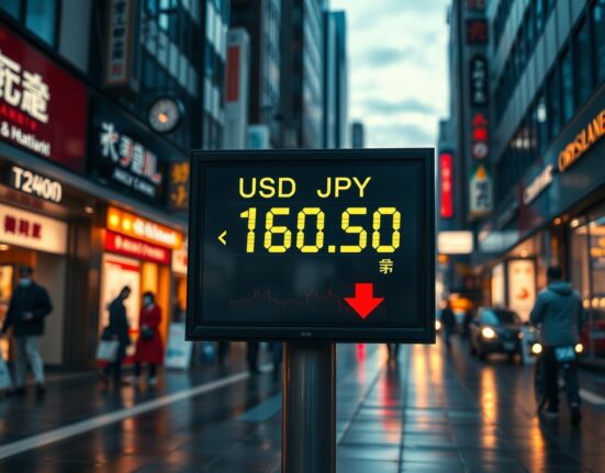 Currency exchange board showing USD/JPY at 160.50 in Tokyo financial district