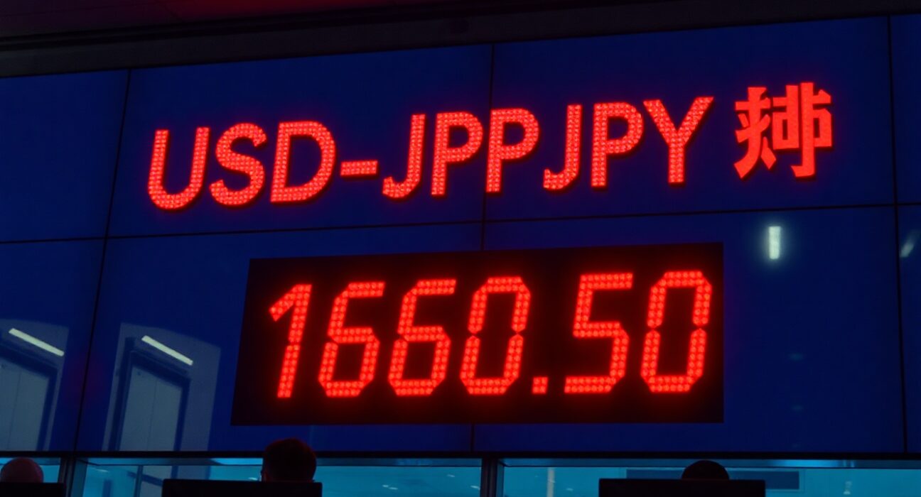 Digital currency board showing USD/JPY exchange rate at 160.50 on a Tokyo trading floor
