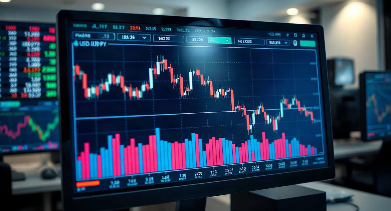 USD/JPY chart on trading screen showing pullback from recent high