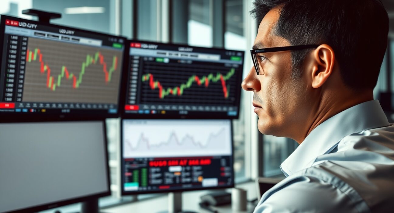 Trader analyzing USD/JPY charts amid US-Iran deal news