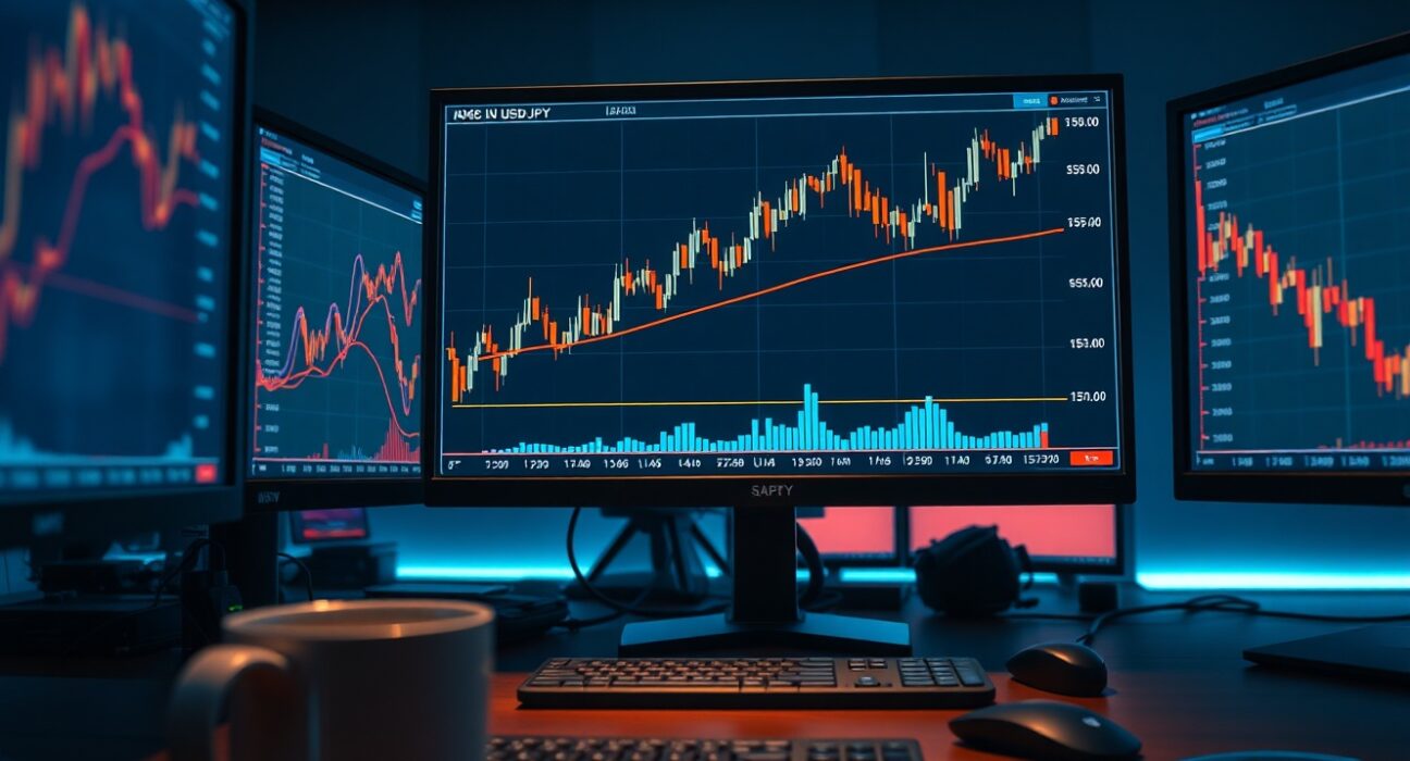 Financial trading monitors displaying USD/JPY candlestick chart approaching the 157.00 trendline level.