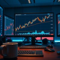 Financial trading monitors displaying USD/JPY candlestick chart approaching the 157.00 trendline level.