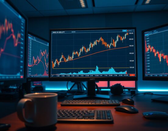 Financial trading monitors displaying USD/JPY candlestick chart approaching the 157.00 trendline level.