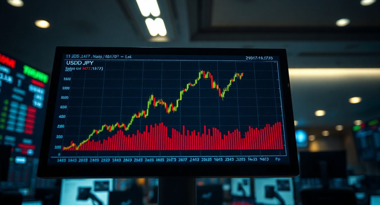 USD/JPY currency chart approaching 161.75 two-year high on trading screen