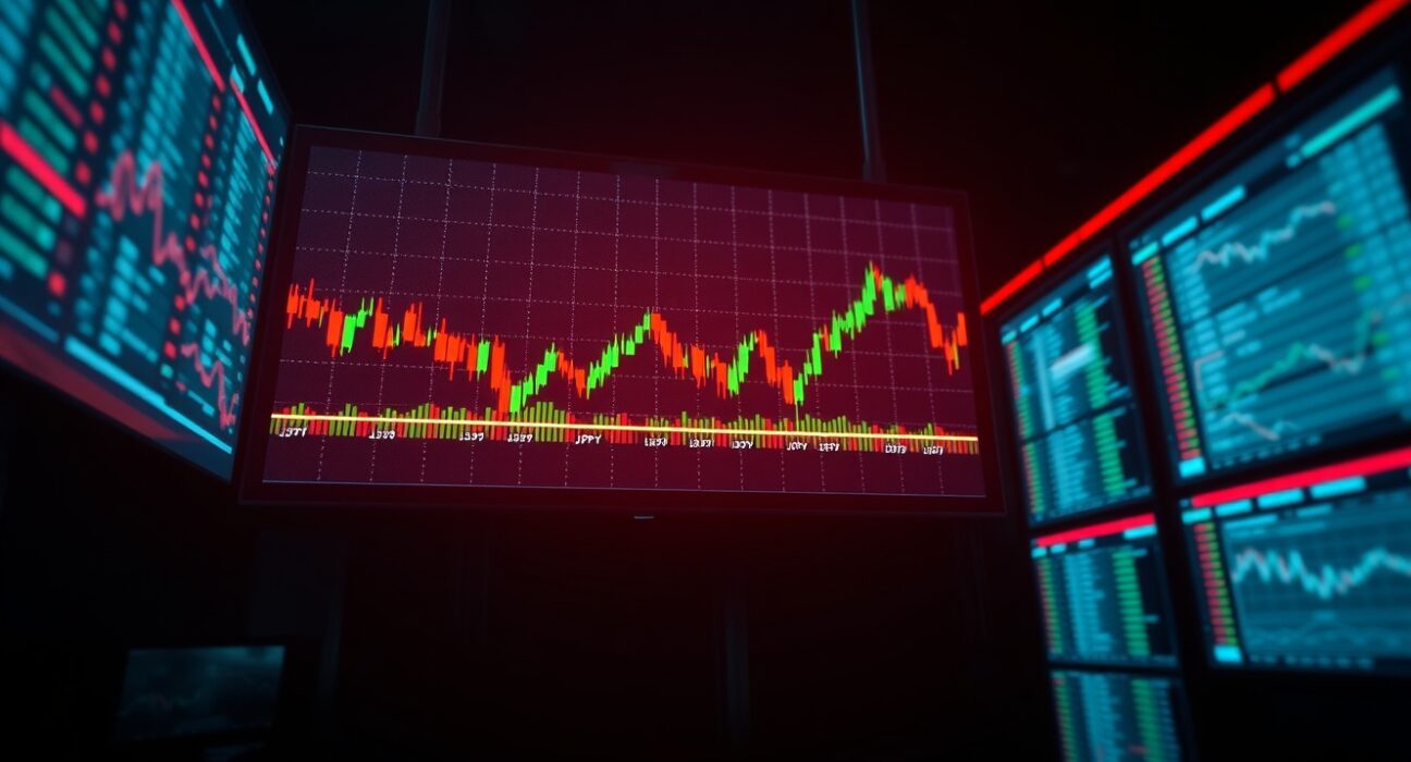 USD/JPY currency pair chart showing a downward trend on a trading floor display.