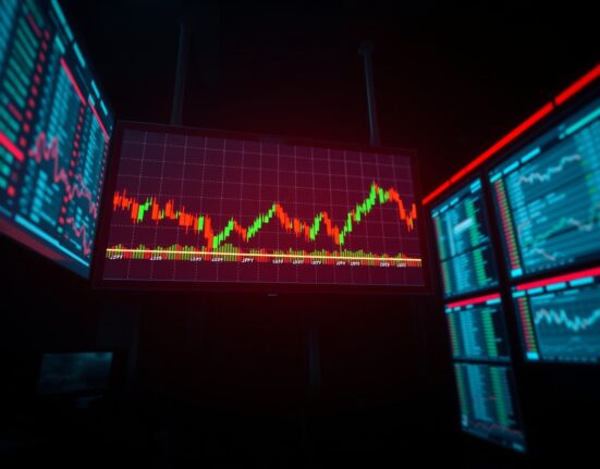 USD/JPY currency pair chart showing a downward trend on a trading floor display.