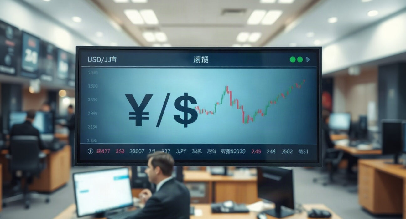 USD/JPY currency pair chart on a trading screen with Japanese Yen and US Dollar symbols