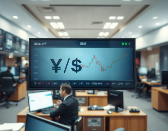 USD/JPY currency pair chart on a trading screen with Japanese Yen and US Dollar symbols
