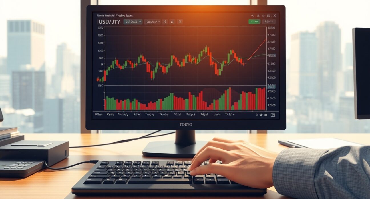 Trader analyzing USD/JPY chart as Societe Generale warns of range breakout risk.