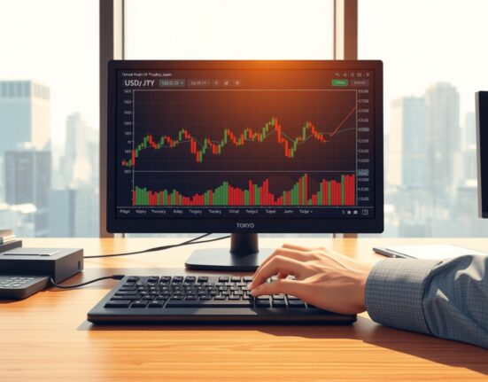 Trader analyzing USD/JPY chart as Societe Generale warns of range breakout risk.