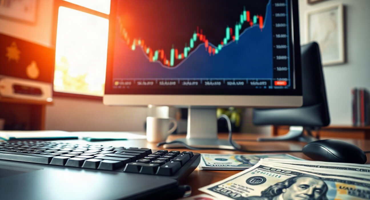 USD/JPY currency chart on a monitor with Japanese yen and US dollar banknotes on a desk