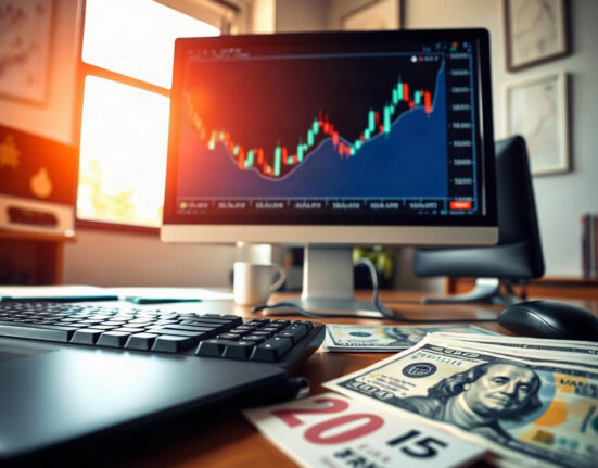 USD/JPY currency chart on a monitor with Japanese yen and US dollar banknotes on a desk