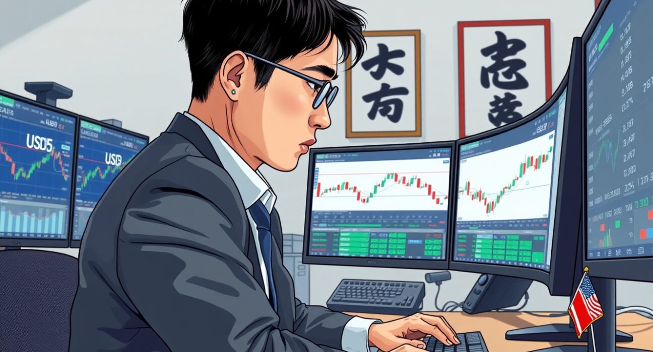 Professional forex trader analyzing USD/JPY exchange rate movements on trading terminal in Tokyo financial district