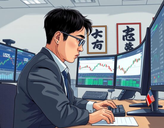 Professional forex trader analyzing USD/JPY exchange rate movements on trading terminal in Tokyo financial district