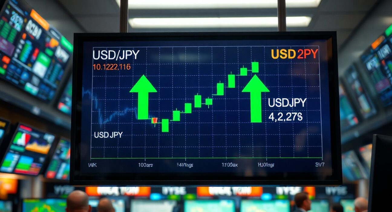 USD/JPY currency pair chart showing rebound on trading floor monitors