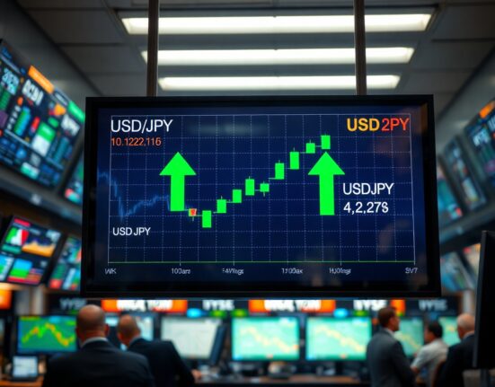 USD/JPY currency pair chart showing rebound on trading floor monitors