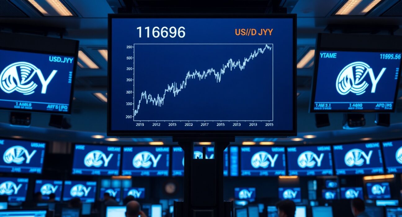 Financial trading screens showing USD/JPY exchange rate chart with upward trend