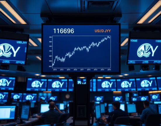 Financial trading screens showing USD/JPY exchange rate chart with upward trend