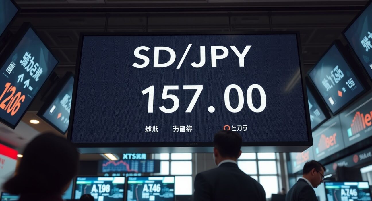 Digital currency exchange board showing USD/JPY at 157.00 in a Tokyo trading floor