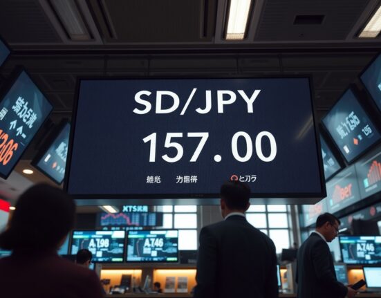Digital currency exchange board showing USD/JPY at 157.00 in a Tokyo trading floor