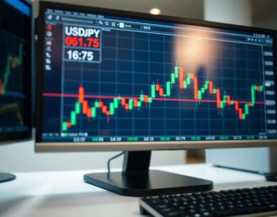 USD/JPY trading chart showing price approaching resistance at 161.75 level on a financial screen.