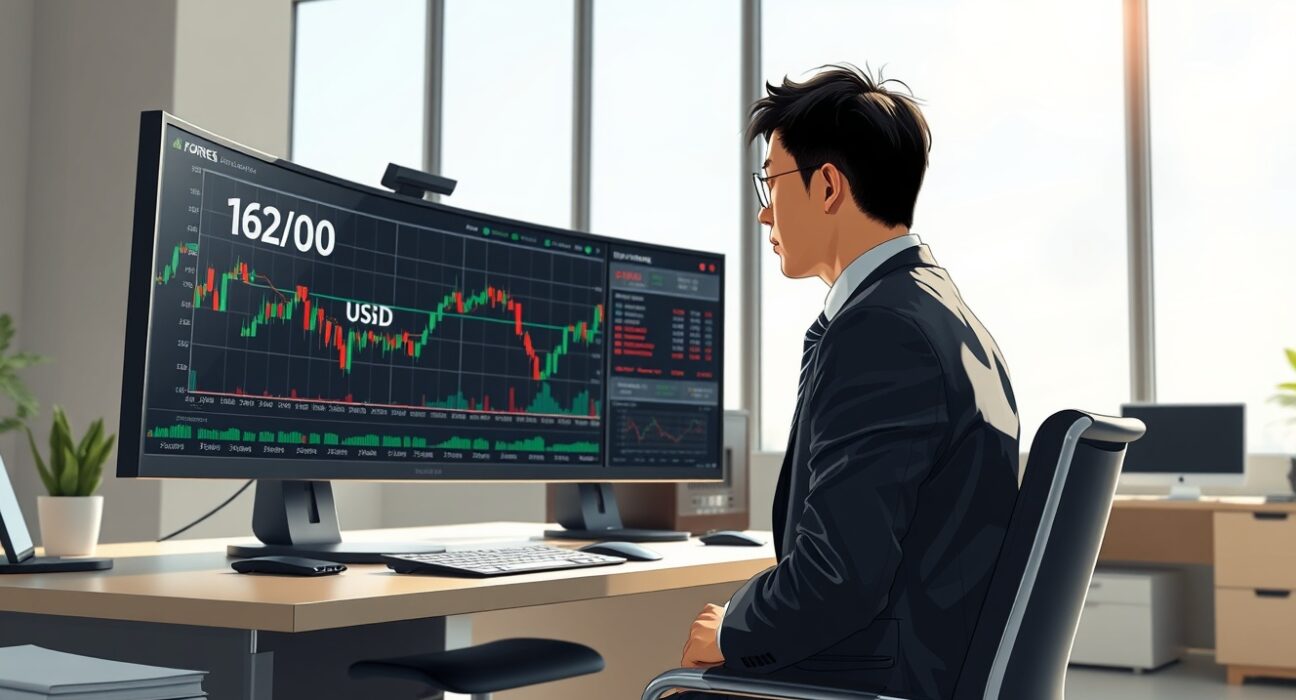 USD/JPY currency analysis showing trading terminal with key 162.00 resistance level marked on charts