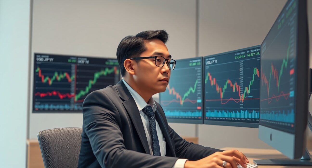 Financial analyst monitoring USD/JPY currency pair charts and market data in professional trading environment