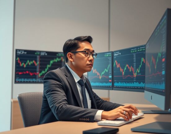 Financial analyst monitoring USD/JPY currency pair charts and market data in professional trading environment