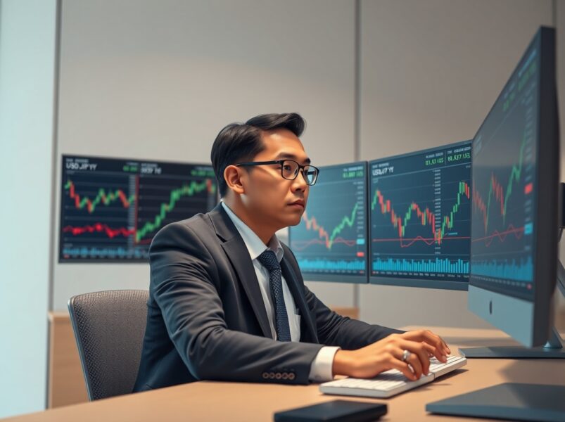 Financial analyst monitoring USD/JPY currency pair charts and market data in professional trading environment
