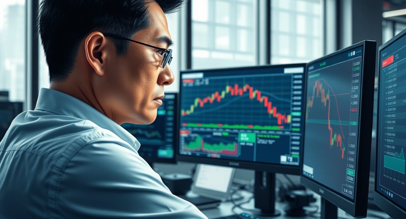 Forex trader in Tokyo analyzes USD/JPY exchange rate retreating to 159.00 on trading desk monitors.