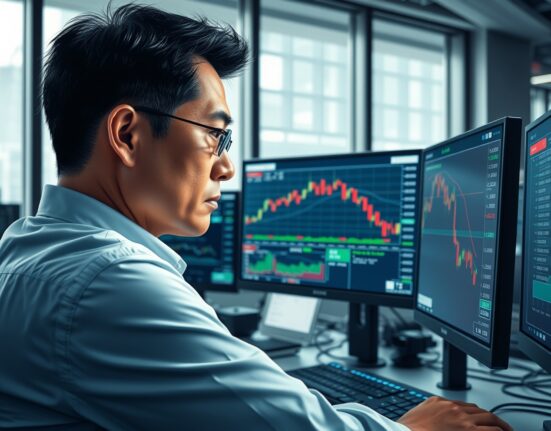 Forex trader in Tokyo analyzes USD/JPY exchange rate retreating to 159.00 on trading desk monitors.