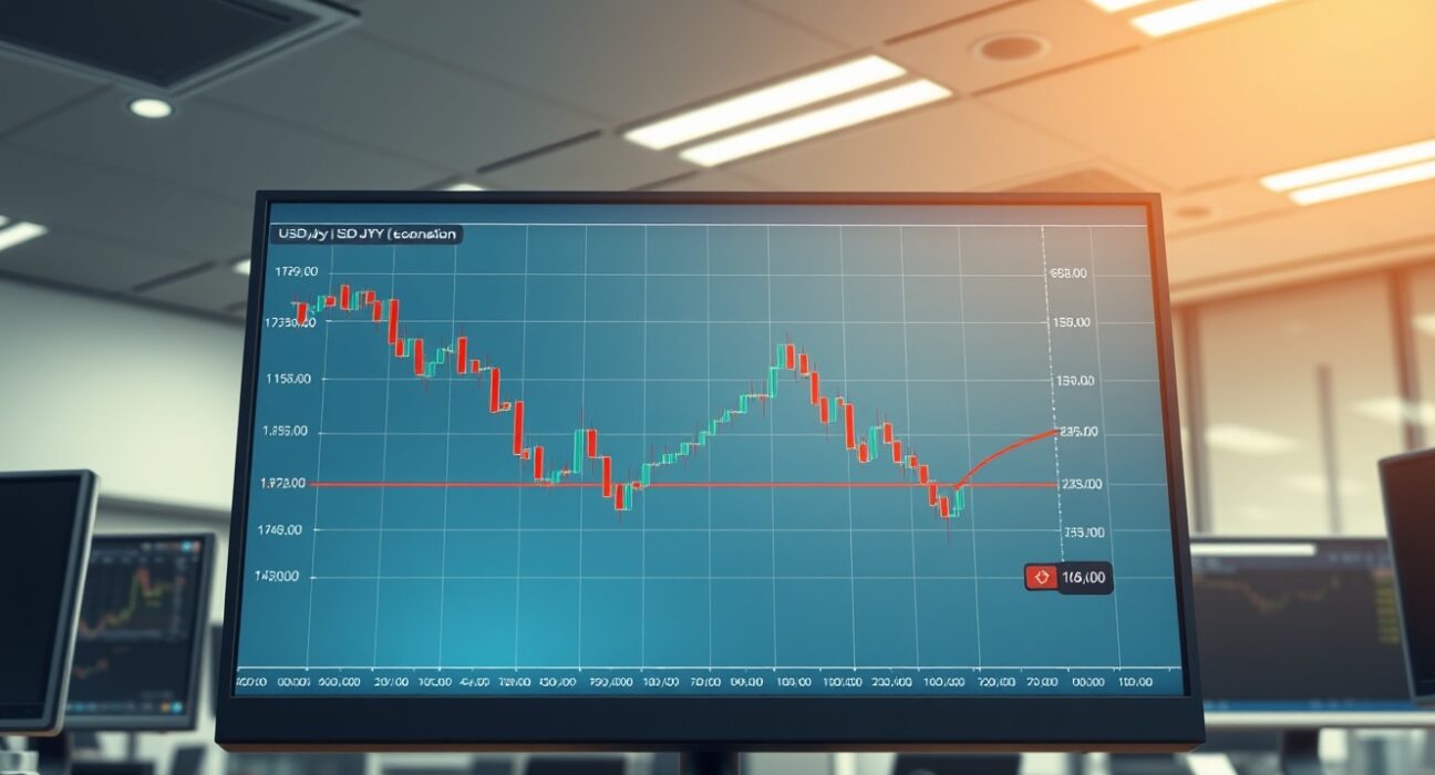 USD/JPY forex chart showing a decline below 160.00 on Bank of Japan policy shift.