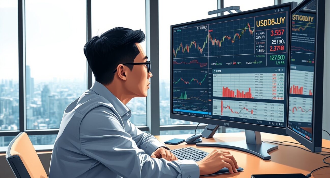 Forex trader in Tokyo analyzes USD/JPY charts as the currency pair retreats from 160.00.