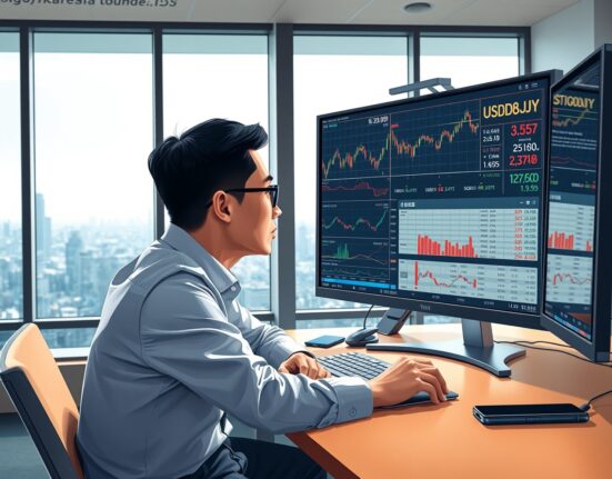 Forex trader in Tokyo analyzes USD/JPY charts as the currency pair retreats from 160.00.