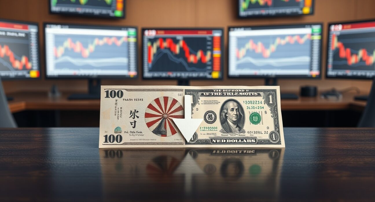 USD/JPY retreats as Yen firms ahead of BoJ decision, with banknotes and a downward arrow illustrating the currency pair movement.