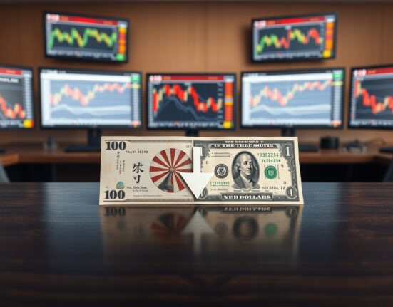 USD/JPY retreats as Yen firms ahead of BoJ decision, with banknotes and a downward arrow illustrating the currency pair movement.