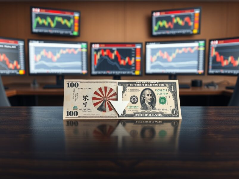 USD/JPY retreats as Yen firms ahead of BoJ decision, with banknotes and a downward arrow illustrating the currency pair movement.