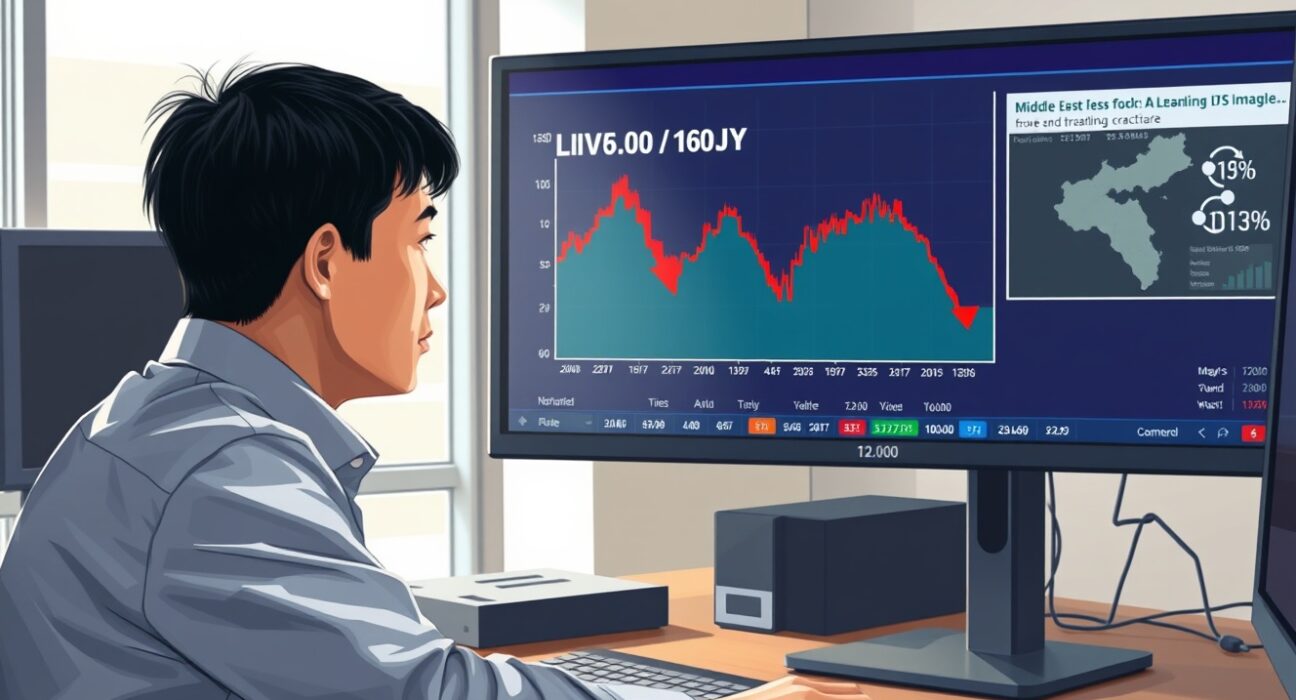 Forex trader in Tokyo monitors USD/JPY chart dropping after Middle East ceasefire impacts oil prices.