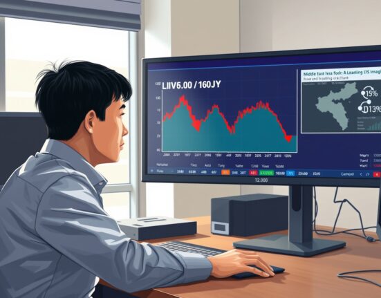 Forex trader in Tokyo monitors USD/JPY chart dropping after Middle East ceasefire impacts oil prices.