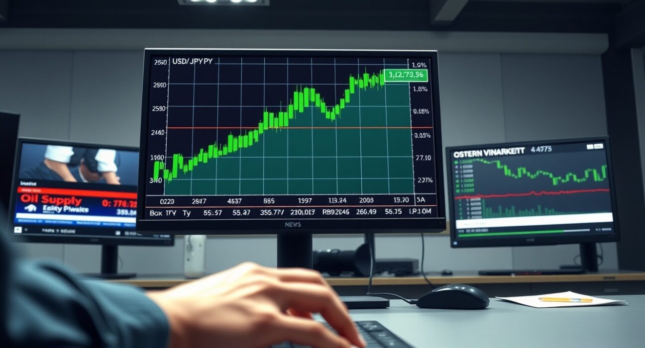 USD/JPY forex chart rising on trading screen amid oil supply news context.