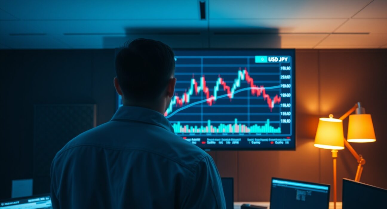 Financial analyst monitoring USD/JPY chart sideways below 162.00 level